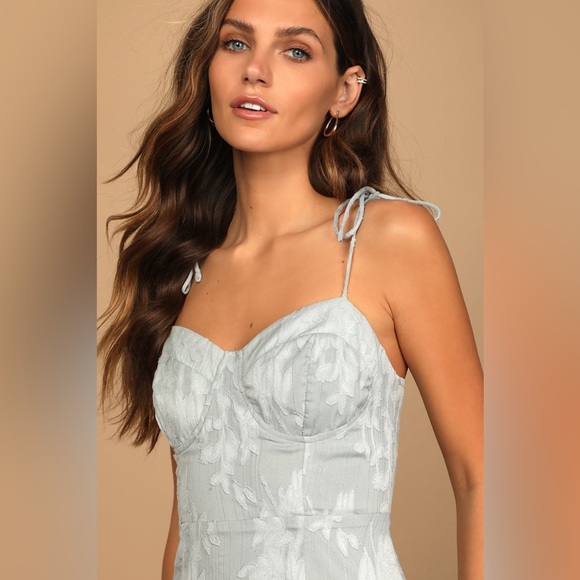 Lulus Loveliest Looks Dusty Blue Floral Jacquard Tie-Strap Midi Dress - Picture 4 of 5